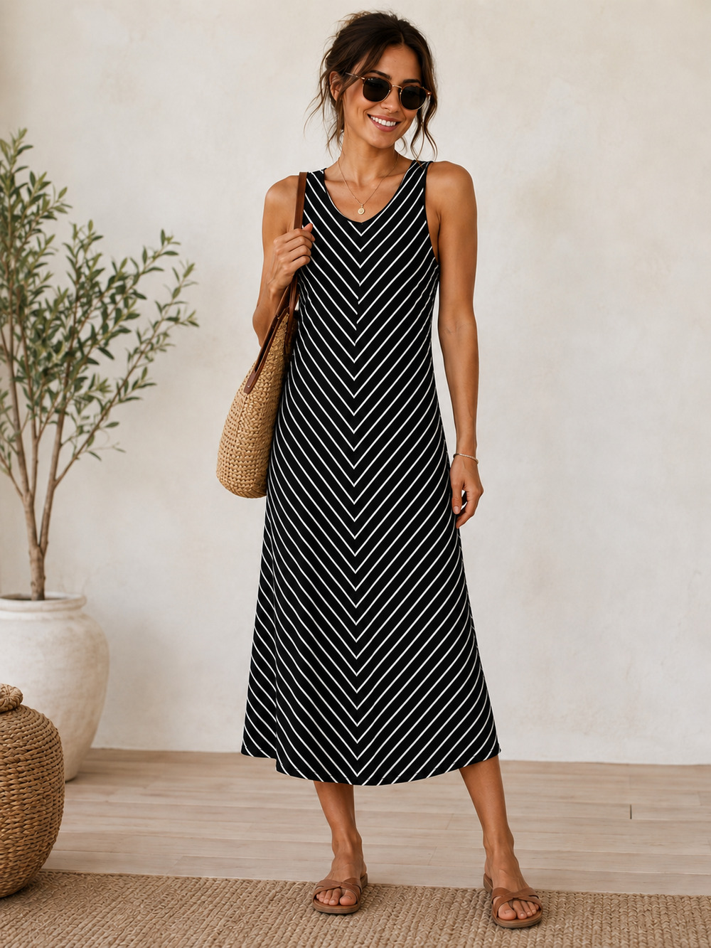 Ana Midi Knit Dress Women's Size L Black White Striped Soft Stretch Minimalist